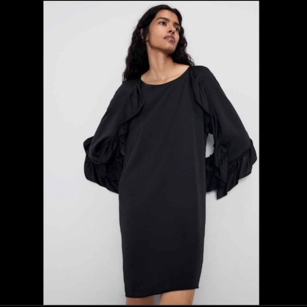 Zara NWT black ruffle long sleeve dress LBD size XS